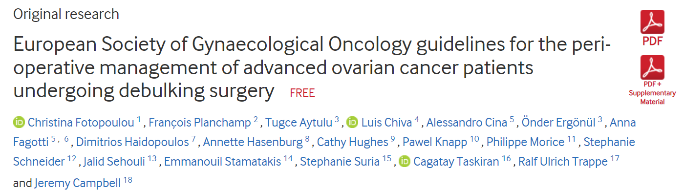 ESGO Guidelines on Peri-operative Management of Advanced Ovarian Cancer Patients Undergoing Debulking Surgery